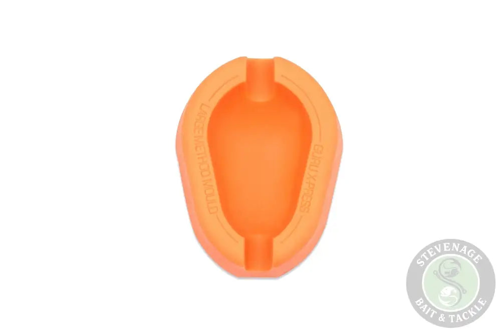 Orange silicone x-press method mould with smooth oval design and molded text for guru method feeders and stevenage bait