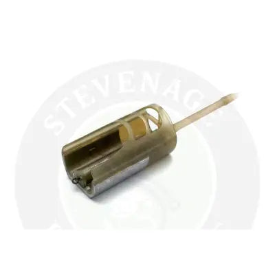 Translucent olive green plastic guru pellet feeder with metal base and clear rod extension for softened pellets