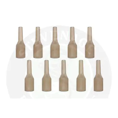 Ten translucent beige plastic guru tail rubbers arranged in two rows for x-safe spare tail fishing use