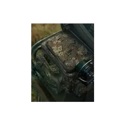 Thinking anglers camfleck compact barrow bag with camouflage reinforced fabric and green reel mounted on side