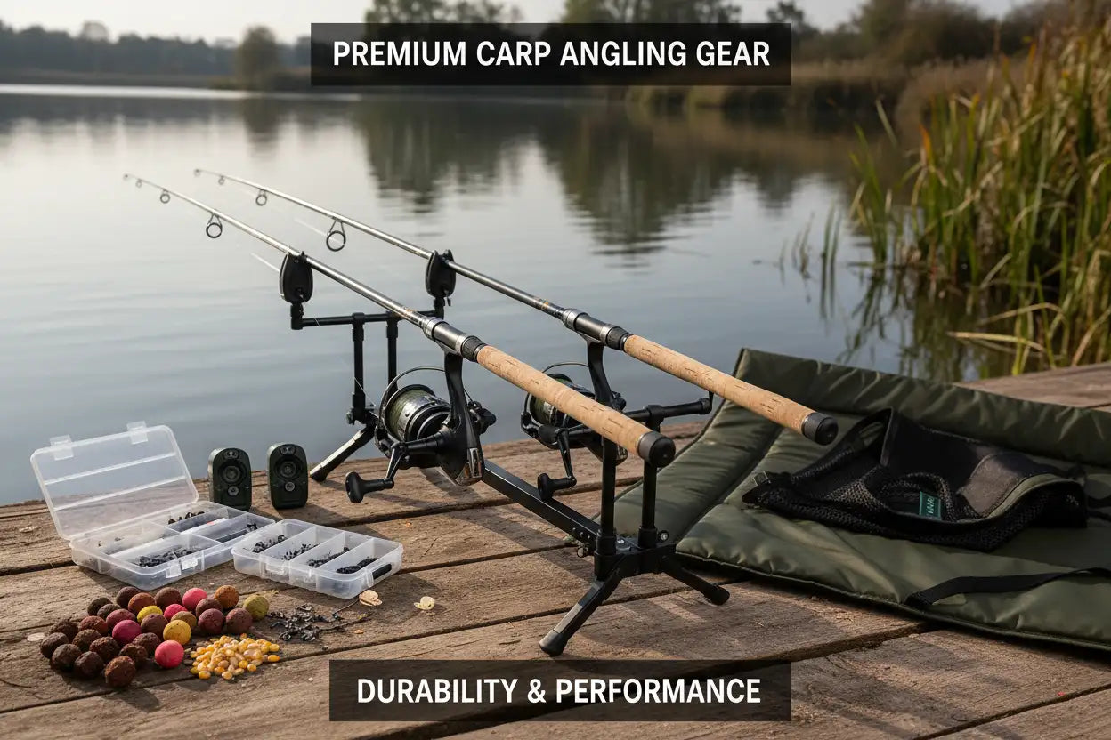 Two sleek, silver-finished carp fishing rods with wooden handles and black reels are propped up on a sturdy stand.