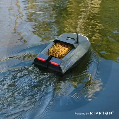 Black carbon fiber-textured rippton remote-controlled exclusive bait boat with red led lights and visible antenna